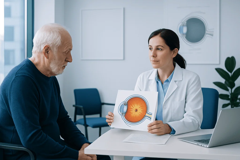 Ophthalmologist explains rosette cataract to elderly patient with eye diagram.