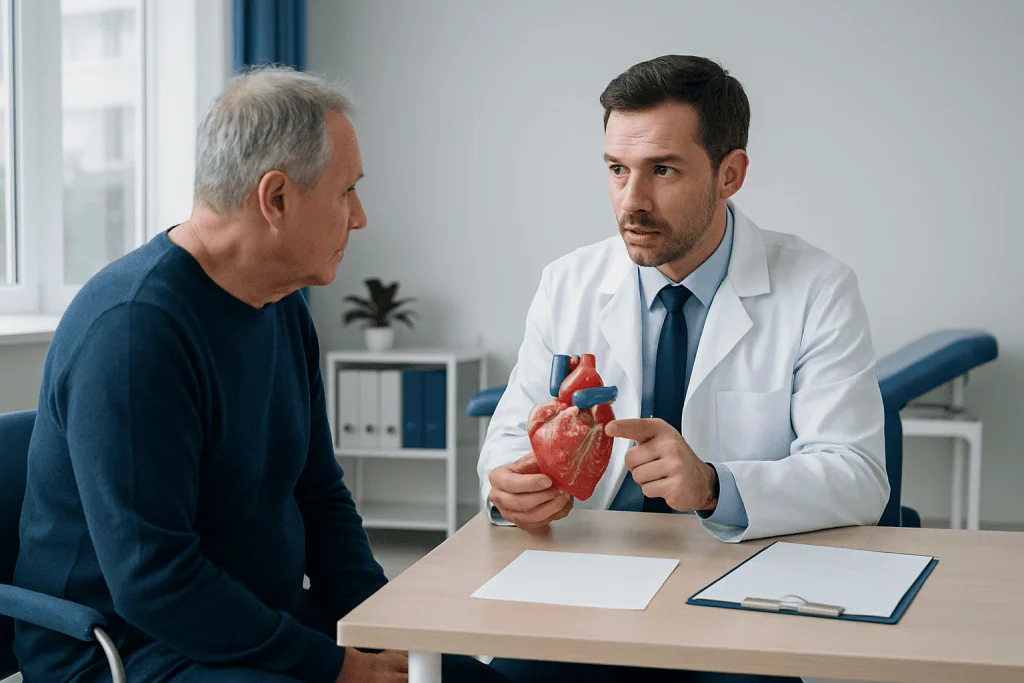 Doctor explaining heart health to patient with heart model in clinic.