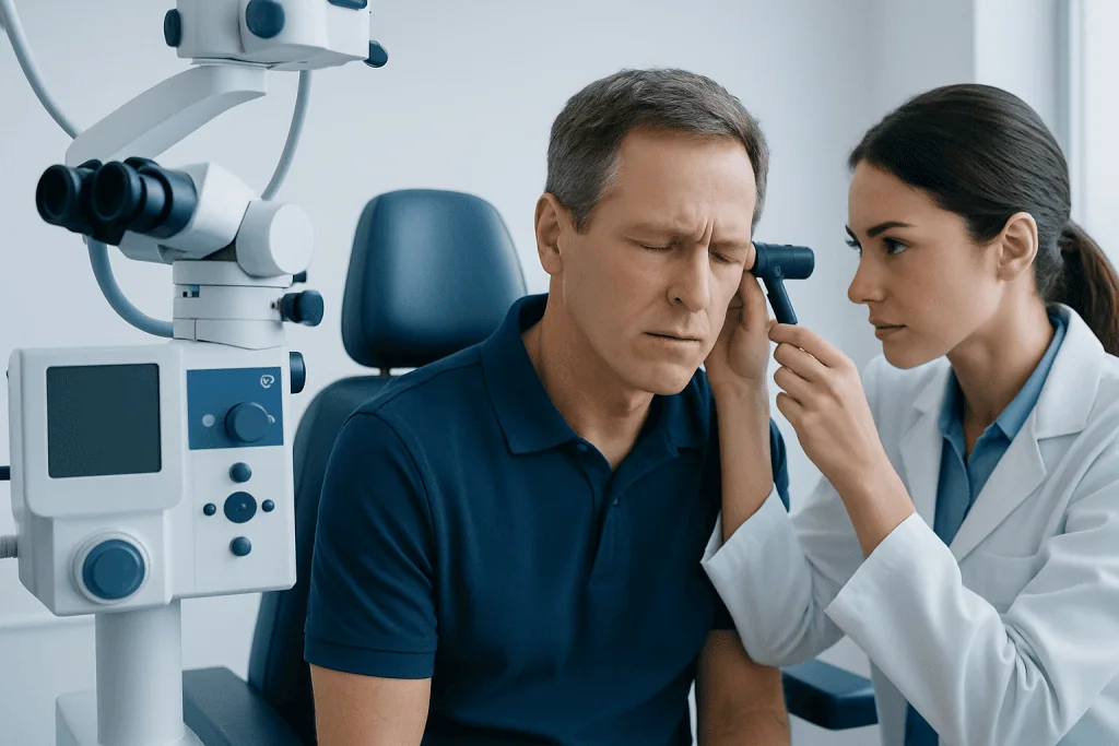 Otolaryngologist examines patient's ear for ringing issues.