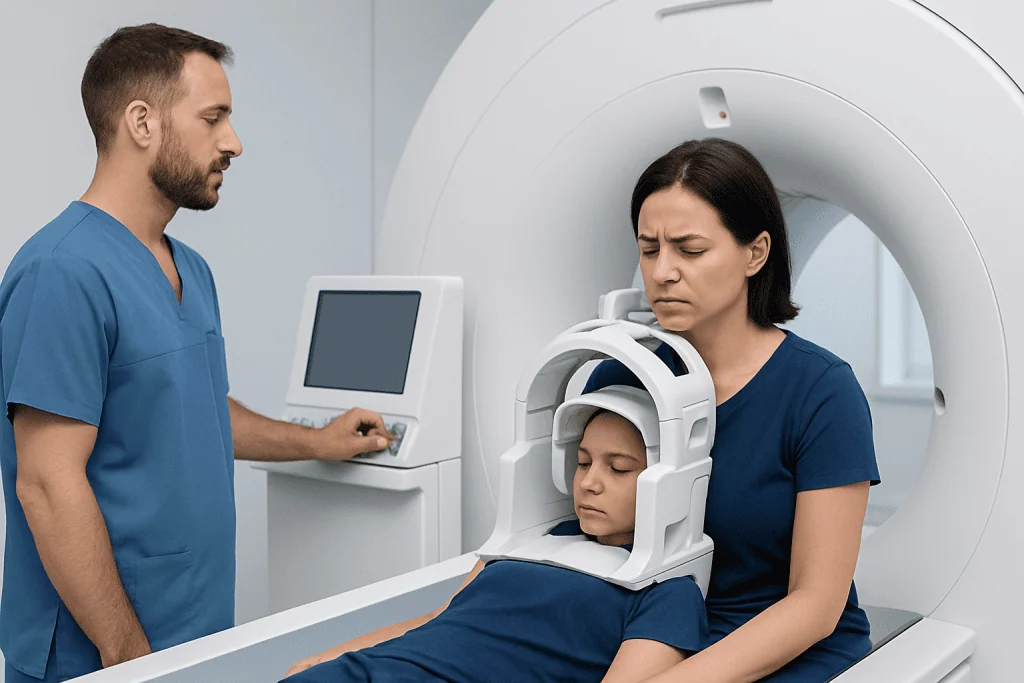 Patient undergoing MRI scan at Acibadem Hospital for headache evaluation.