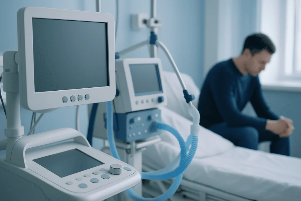 Hospital patient in a ward with medical monitors and equipment.
