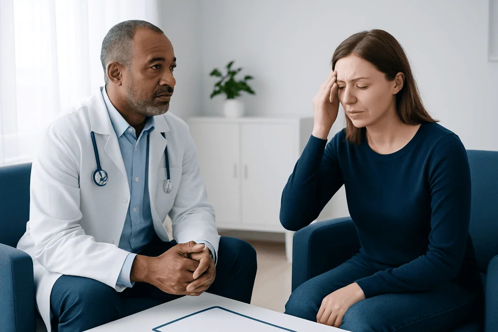 Doctor consulting with a woman experiencing sinus pain in a medical office.