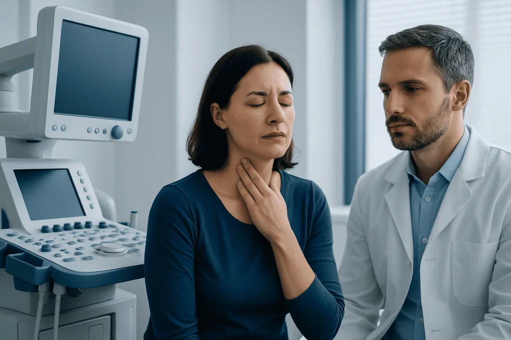 Woman experiencing throat discomfort during medical consultation at Acibadem Hospital.