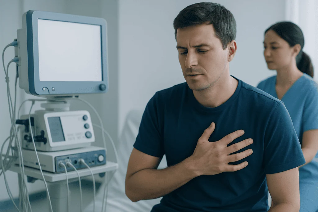 Patient experiencing chest pain in a hospital setting with medical equipment nearby.