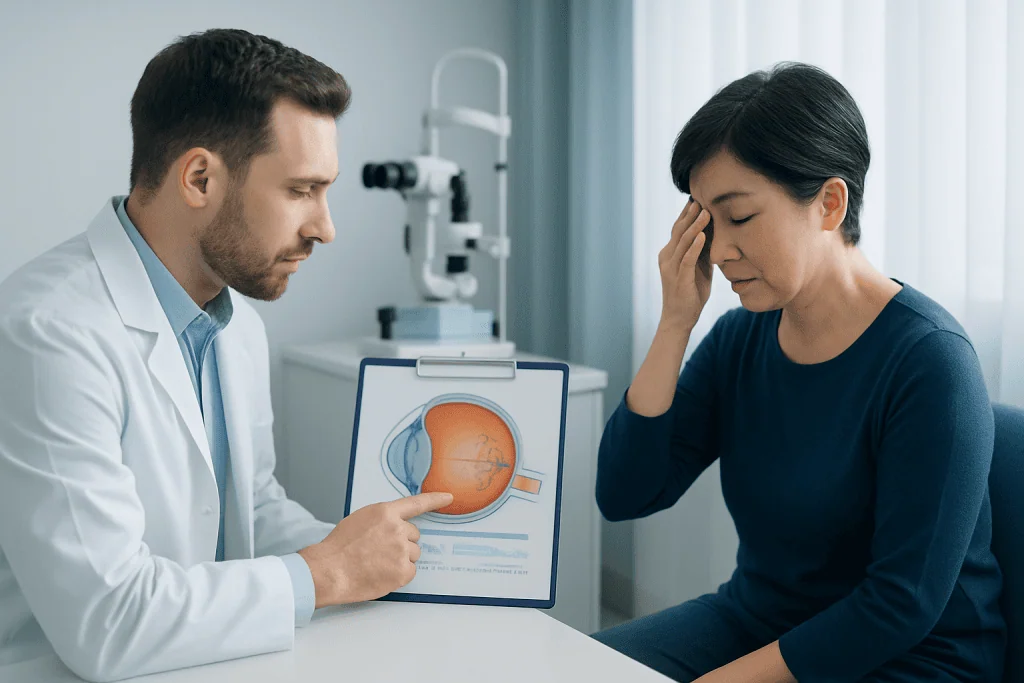 Ophthalmologist explains retinoschisis to patient with eye diagram.