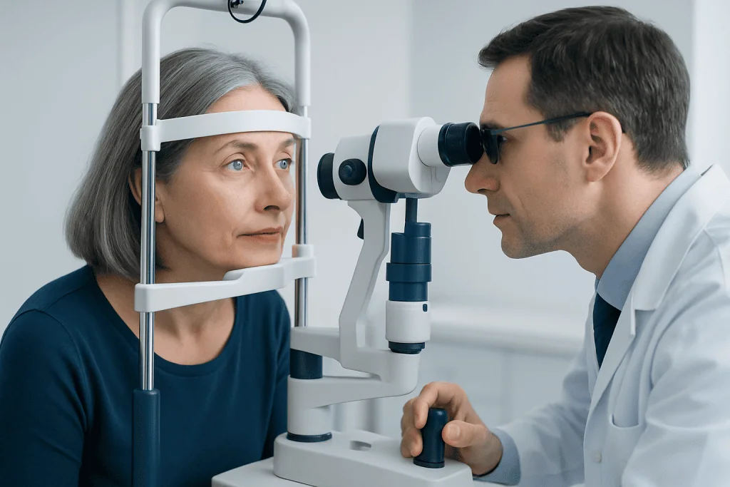 Ophthalmologist examining an elderly woman's eye with a slit lamp.