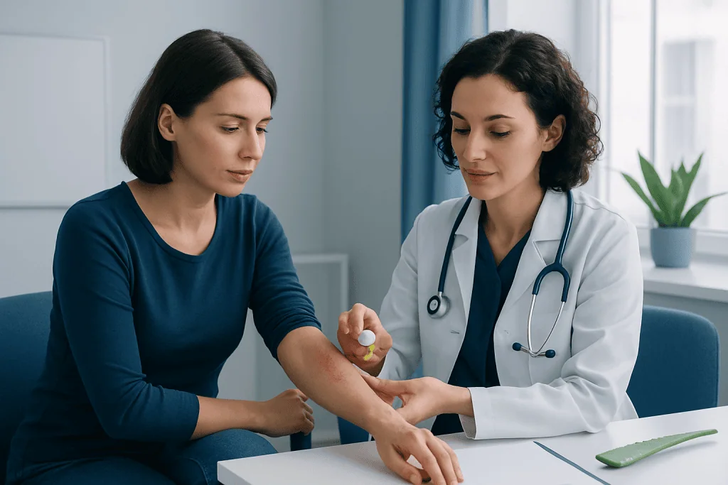 Doctor examining patient's arm for dermatitis or skin reaction.