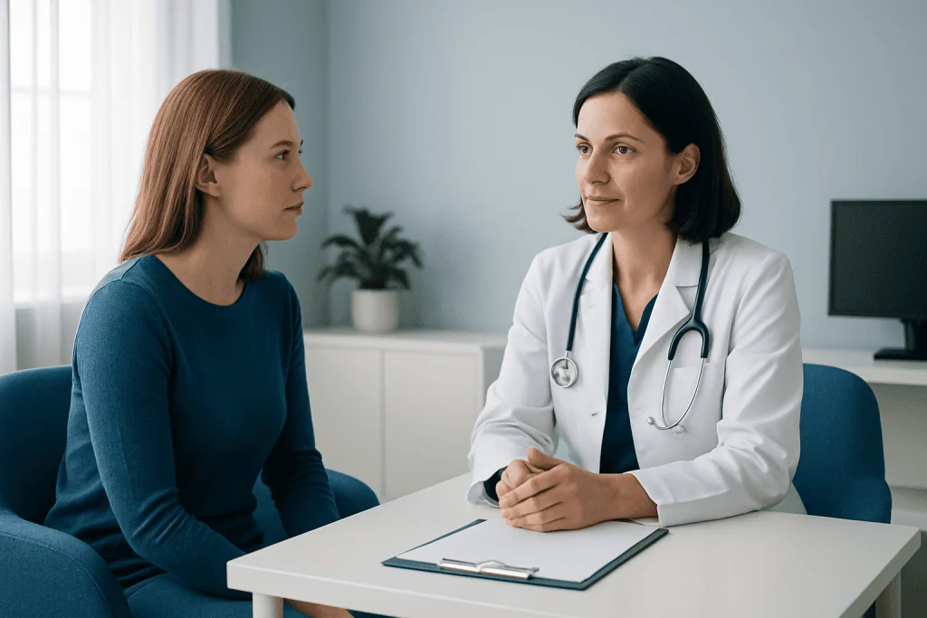 Doctor consulting with a patient in a modern medical office setting.