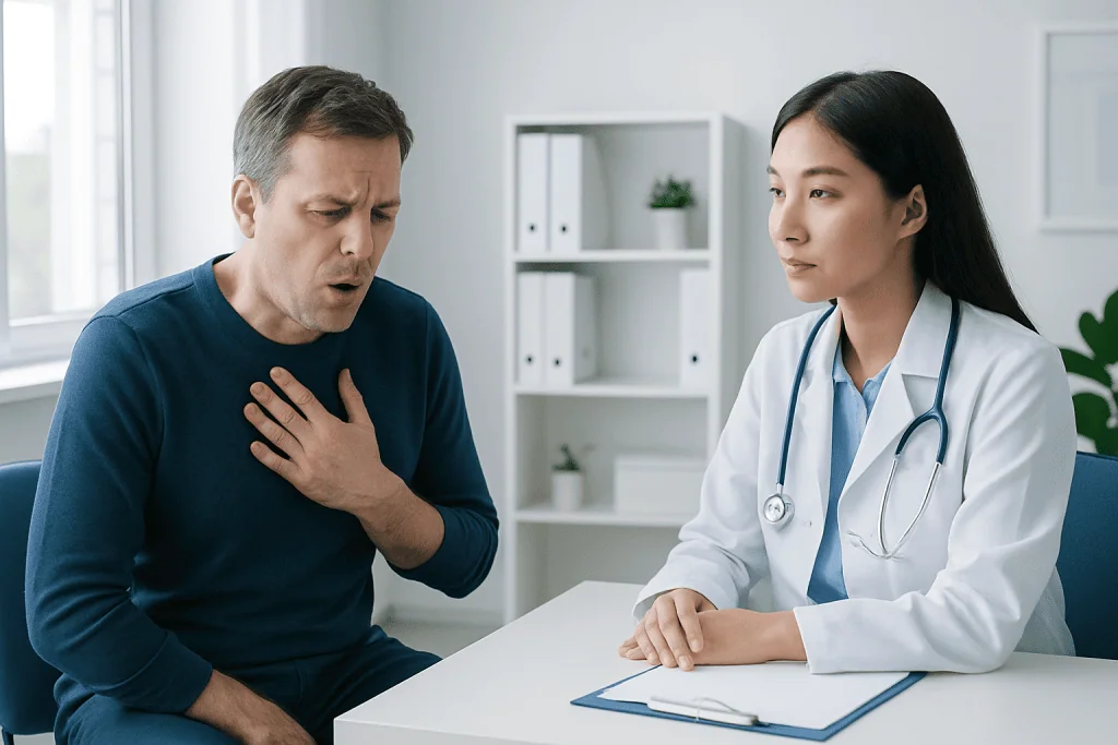 Patient experiencing choking or throat discomfort during medical consultation.