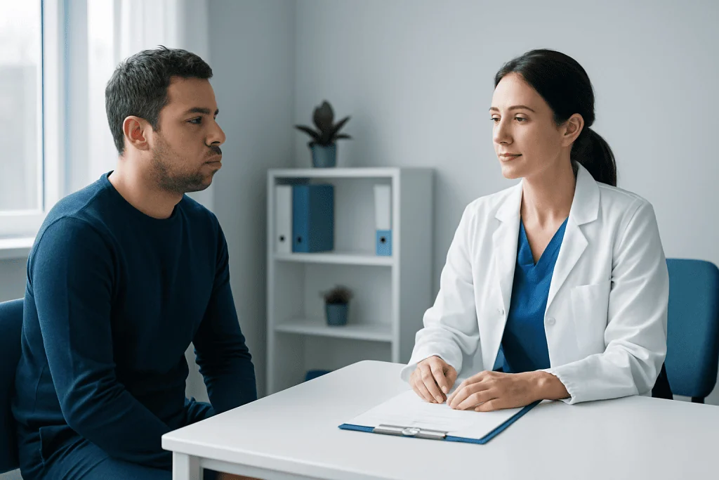Doctor consulting with patient in a medical office setting.