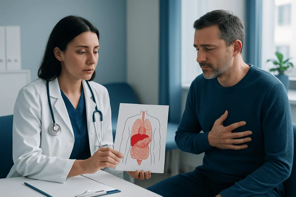 Doctor explaining digestive system to patient with diagram at clinic.