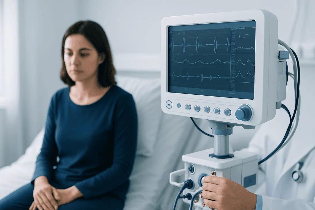 Patient undergoing cardiac monitoring in a hospital setting.