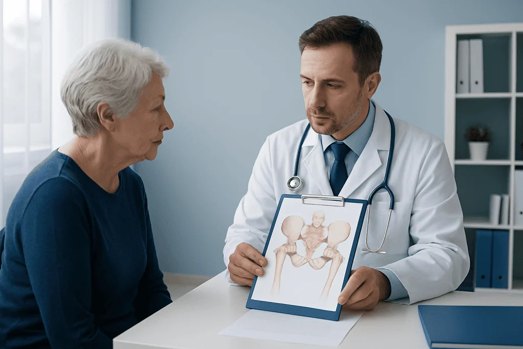 Doctor explaining pelvic fracture to elderly woman with X-ray image.