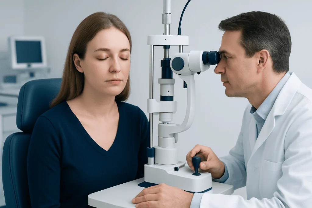Ophthalmologist examining patient's eye with slit lamp in clinic.