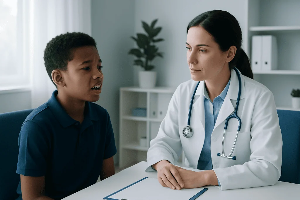 Doctor consulting with a young patient in a medical office.