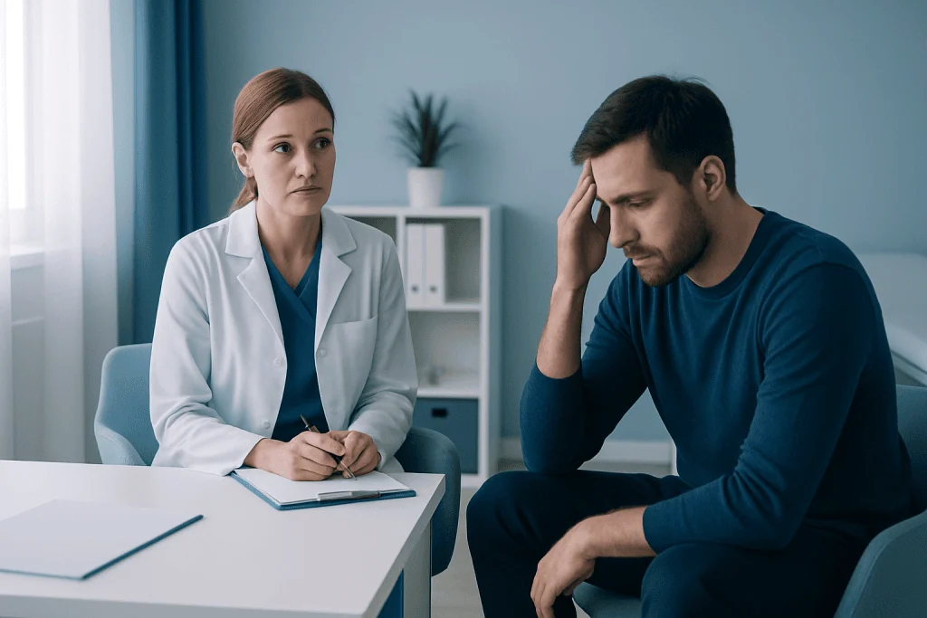 Doctor consulting with a male patient experiencing stress or anxiety.