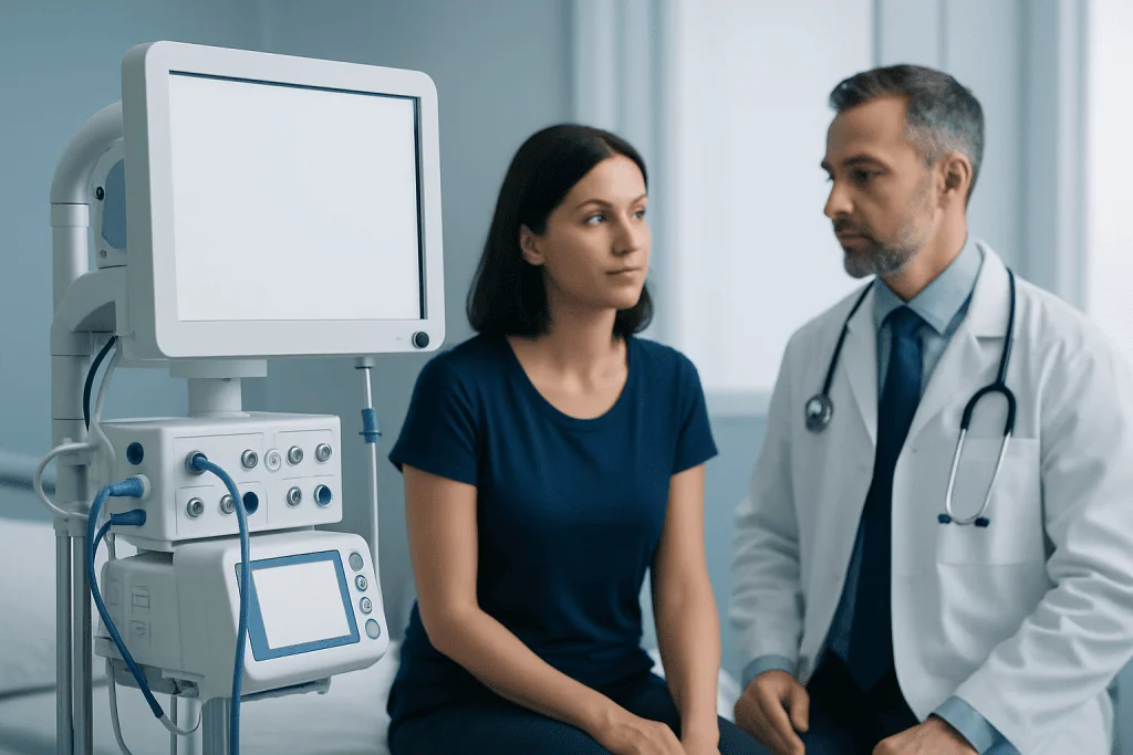 Doctor consulting with a patient in a medical examination room.