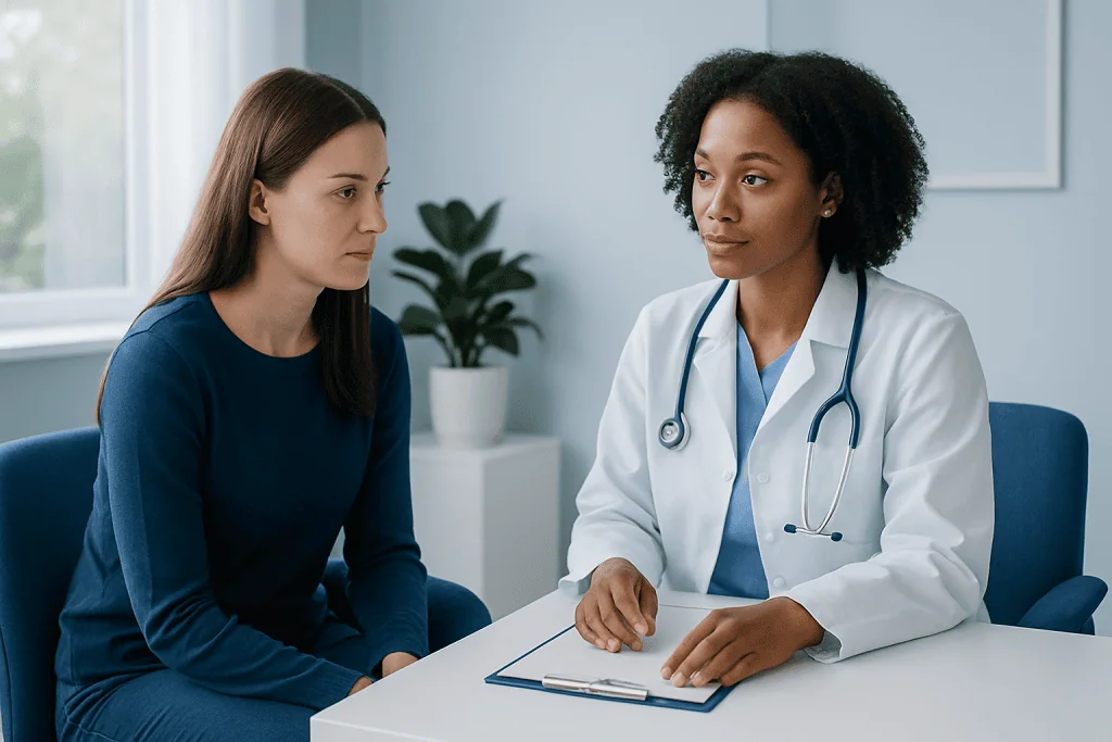 Doctor consulting with a patient in a modern medical office.