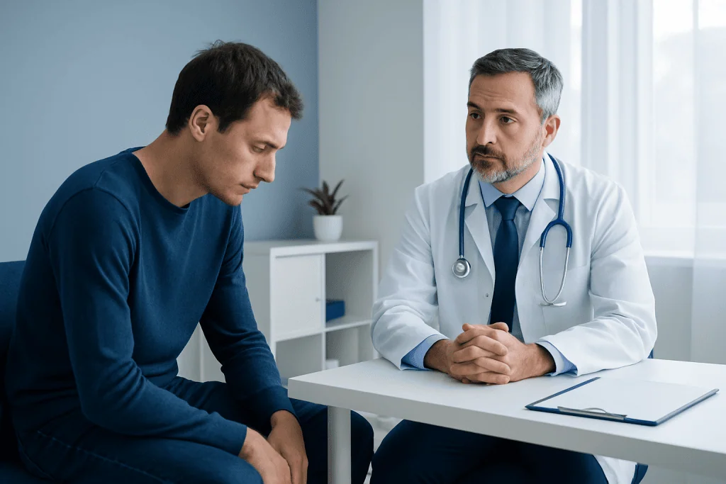 Doctor consulting with a male patient in a medical office.