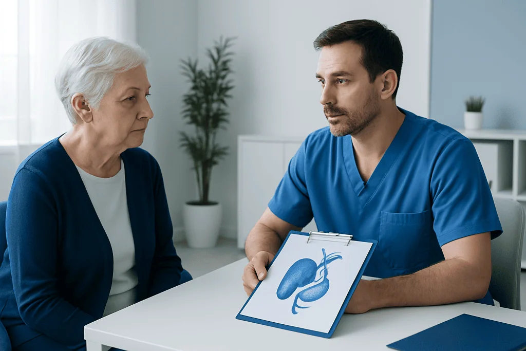 Doctor explaining gallbladder health to elderly woman with gallbladder diagram.