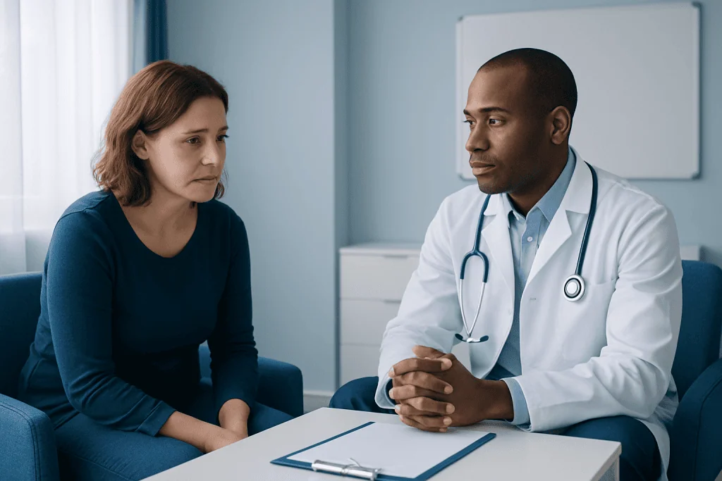 Doctor consulting with a female patient in a medical office.