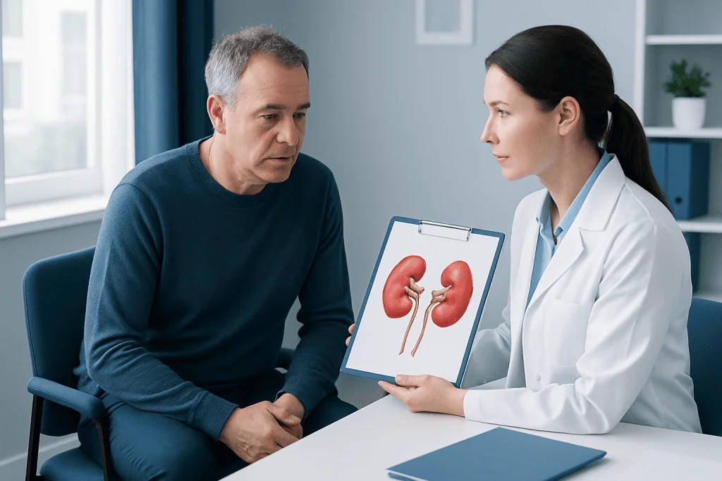 Doctor explaining kidney health to a patient with a kidney model.