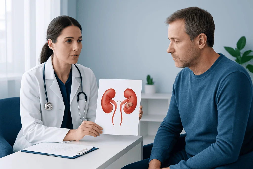 Urologist explaining kidney stone diagram to patient in consultation room.