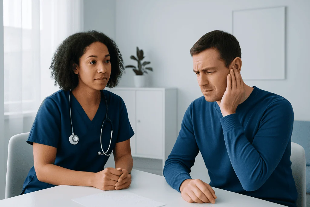 Doctor consulting with patient about ear discomfort in a clinic setting.