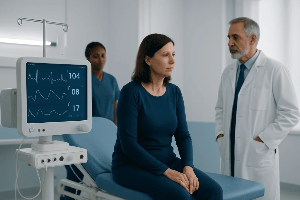 Doctor and patient in hospital room with vital signs monitor.