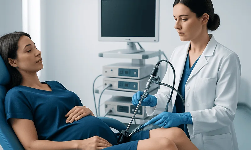 Gynecologist performing hysteroscopy on patient with uterine polyp.