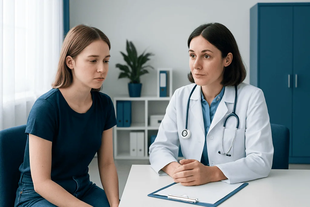 Doctor consulting with a young female patient in a medical office.