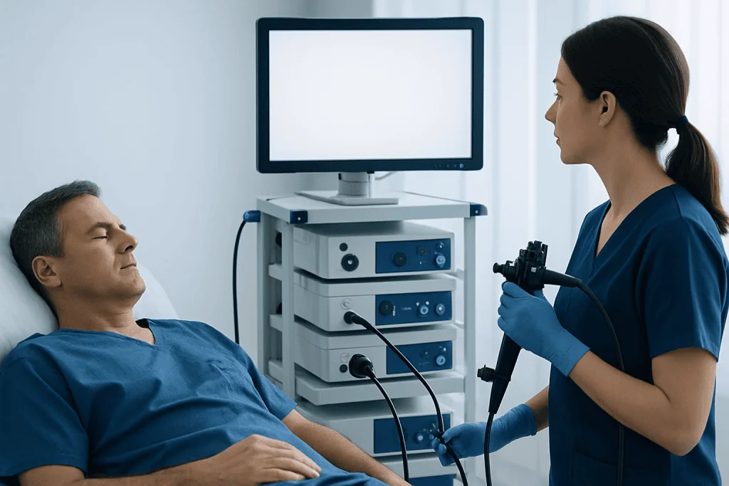 Urologist preparing for cystoscopy procedure in hospital.