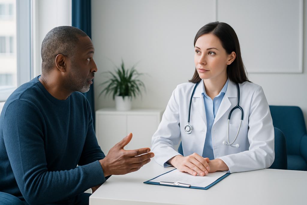 Doctor consulting with patient in a medical office setting.