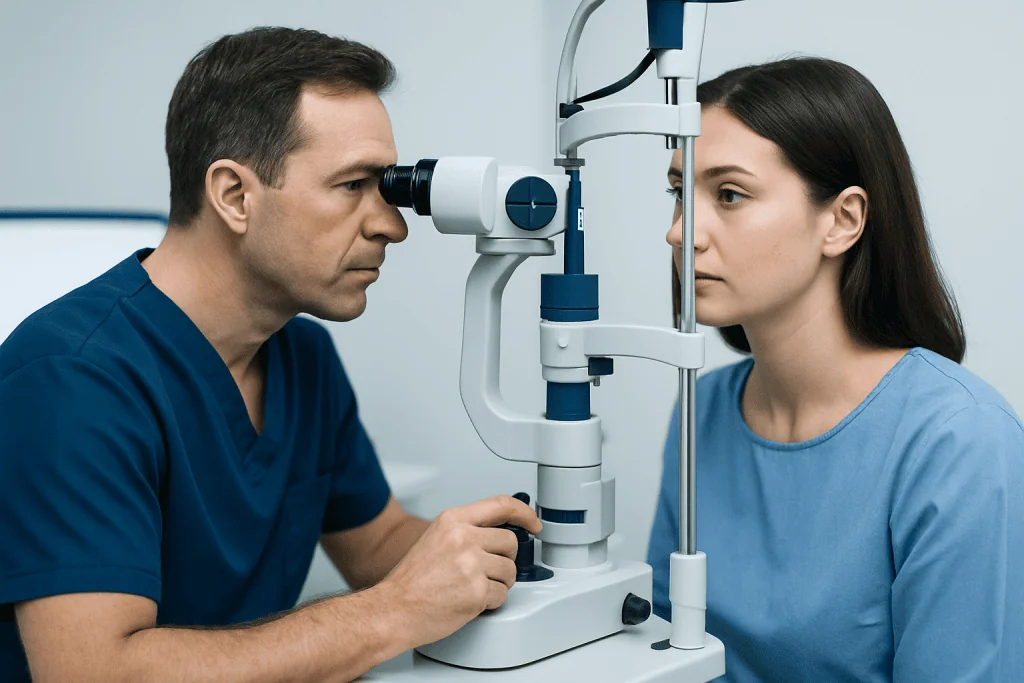 Ophthalmologist examining a patient's eye with a slit lamp microscope.