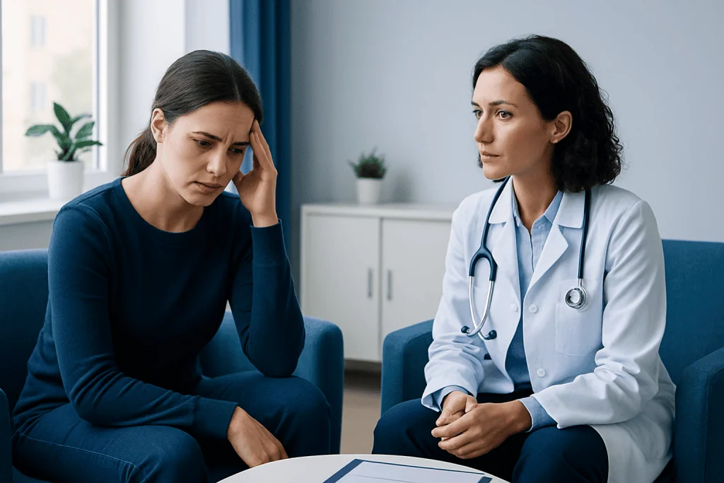 Woman consulting with a doctor about mental health concerns in a clinical setting.