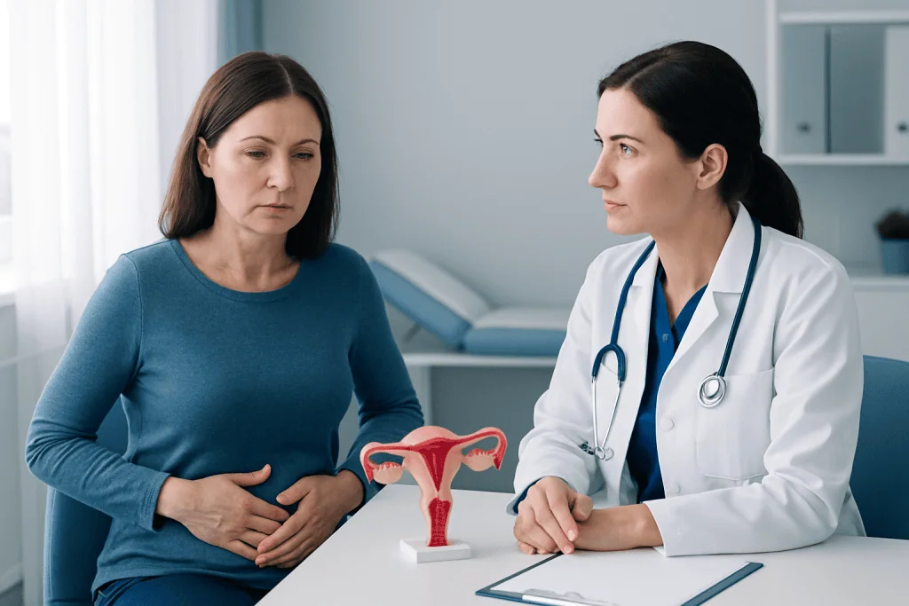 Doctor explaining uterine health to a patient with a model of the uterus.