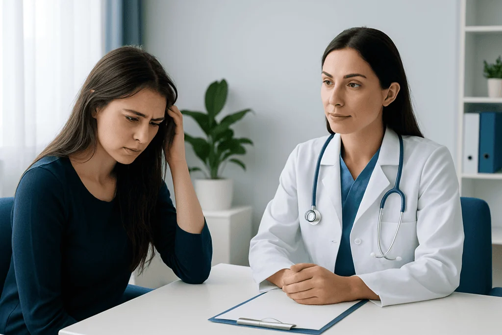 Doctor consulting with a young woman about health concerns in a medical office.