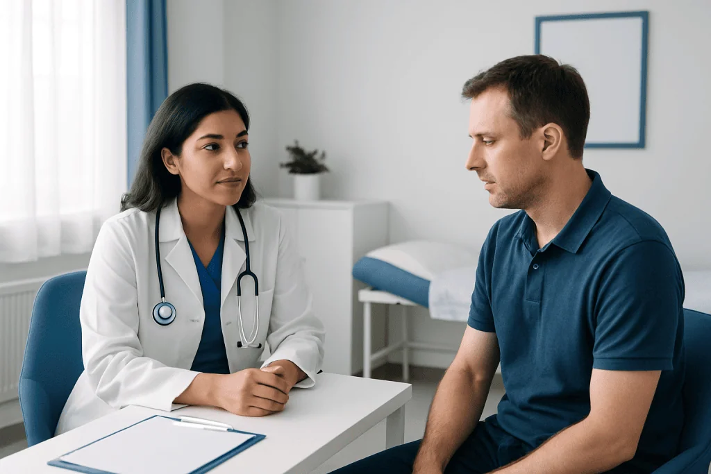 Doctor consulting with a patient in a medical office setting.