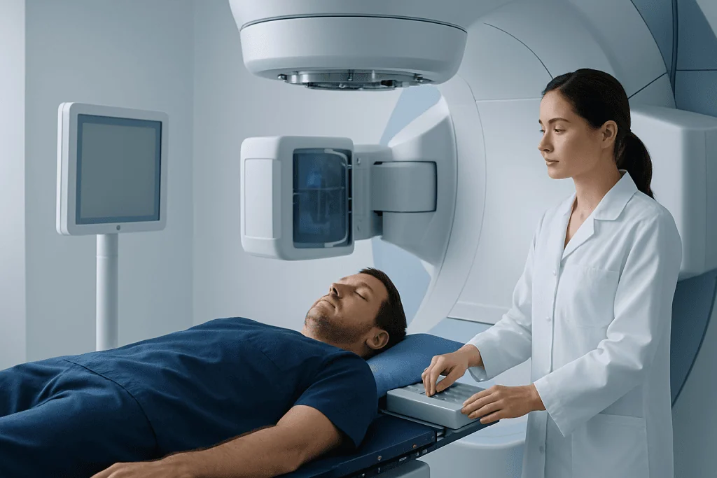 Patient undergoing MRI scan at Acibadem Hospital for radiation therapy assessment.