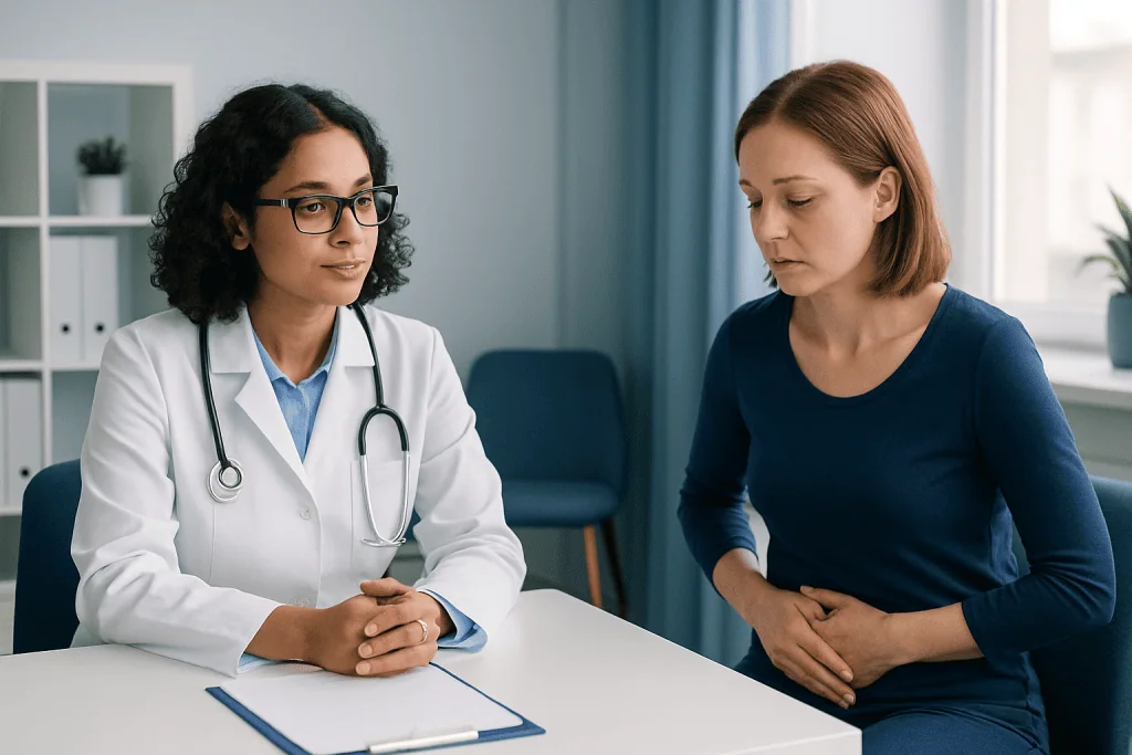 Doctor consulting with a patient about urinary tract infection symptoms.