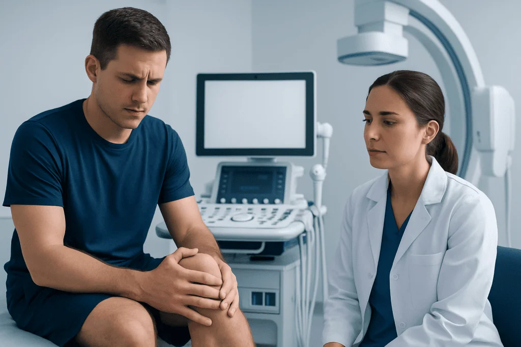 Doctor examining patient's knee in a medical clinic setting.