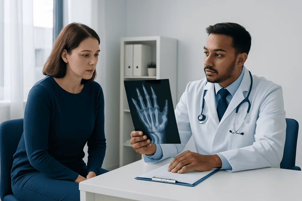 Doctor explaining hand X-ray to patient in a medical consultation.