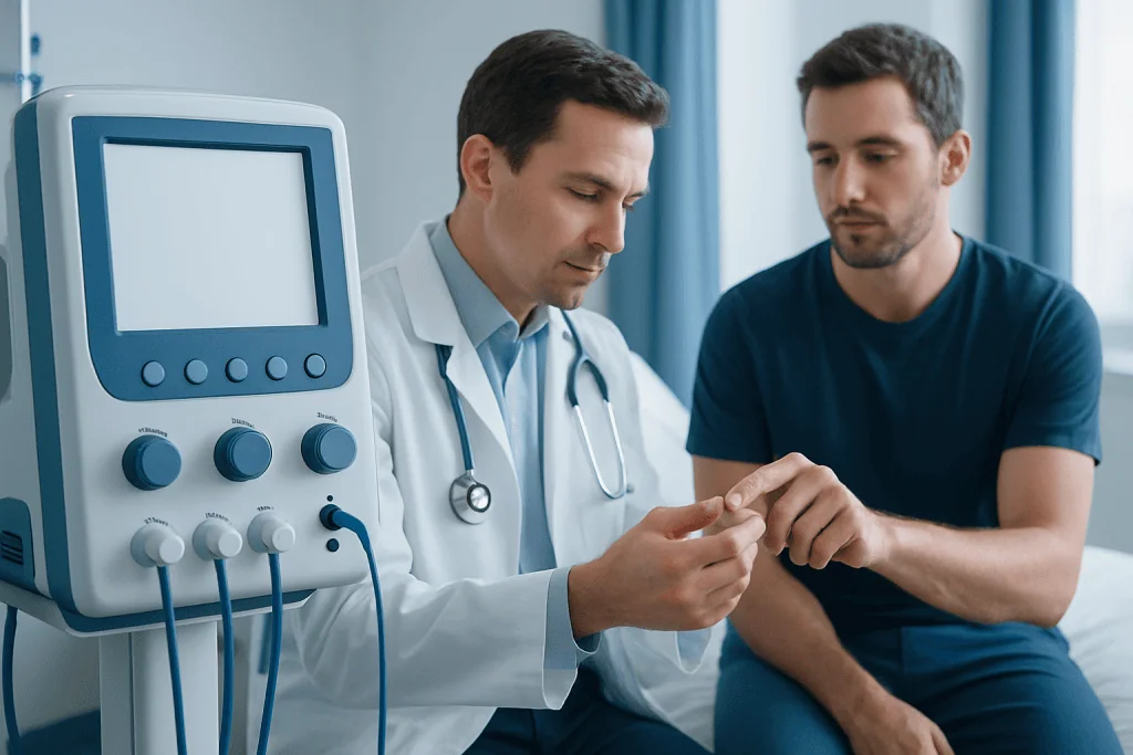 Doctor examining patient's finger in a medical consultation at Acibadem Hospital.