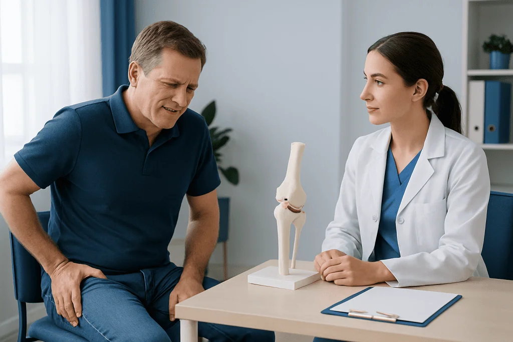 Doctor explaining knee joint model to patient in consultation room.
