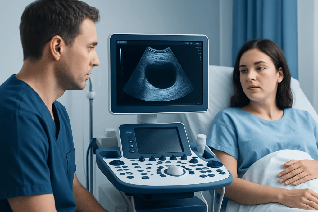 Doctor performing ultrasound exam on patient in hospital room.