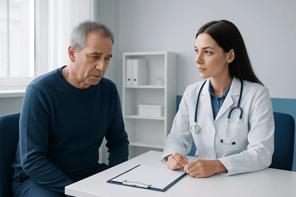 Doctor consulting with an older male patient in a medical office.