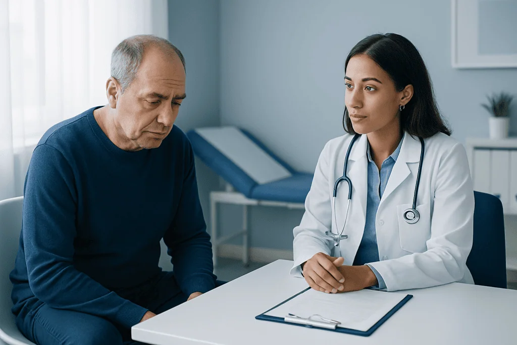 Doctor consulting with an elderly male patient in a medical office.