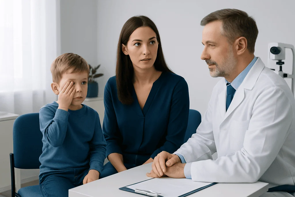 Pediatric retina consultation with doctor and young patient in clinic.