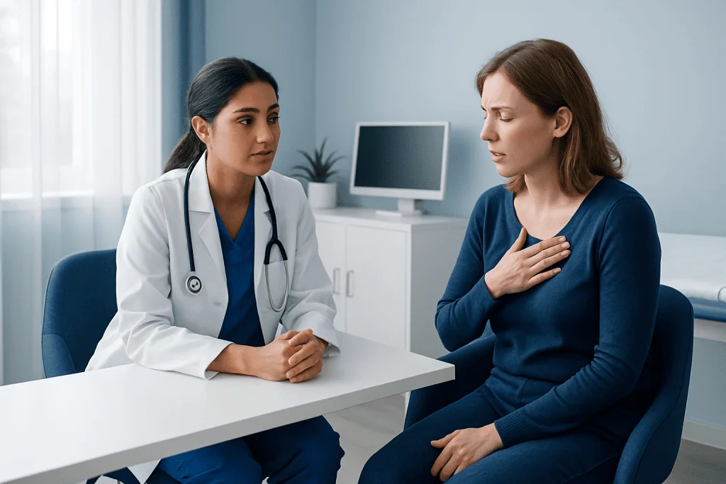 Doctor consulting a patient about erosive conditions in a clinical setting.