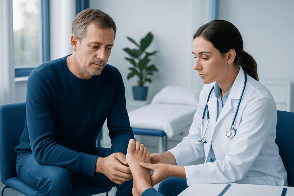 Doctor examining patient's toenail for fungal infection.
